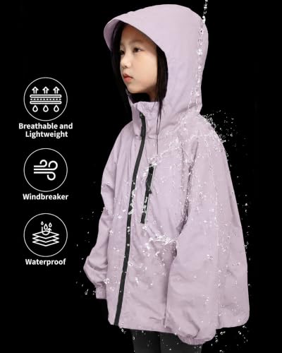 Image of Rolanko Girls Rain Jacket Lightweight Waterproof Hooded Kids Raincoat 6-16
