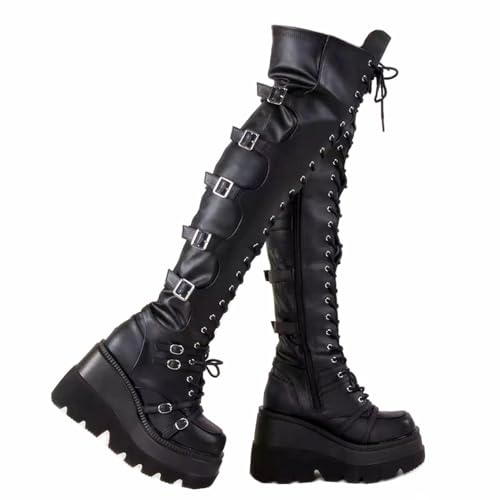 GUNIYIFS Over the Knee Boots for Women - Goth Punk Thigh High Motorcycle Boots with Buckles and Side Lace