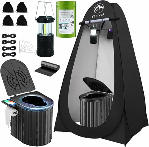 Camping Toilet with Pop-Up Privacy Tent and Liquid Waste Gel, Portable Toilet with Large Tent and Camping Lantern, Ergonomic Potty Provides Enhanced Comfort, Suitable for All Ages