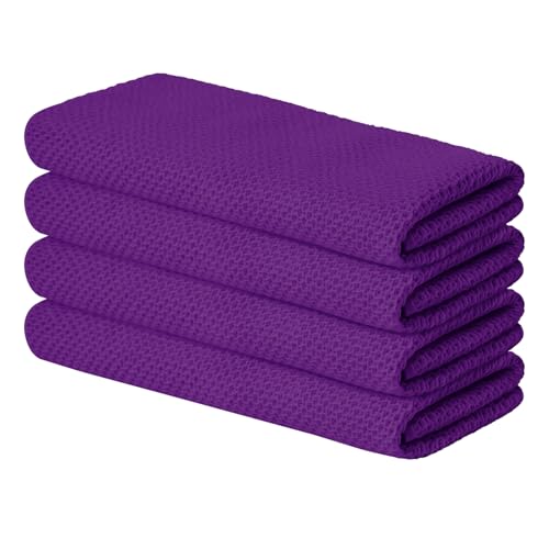 Artoid Mode 100% Cotton Purple Waffle Weave Kitchen Dish Cloths, 13x28 Inch Ultra Soft Absorbent Quick Drying Kitchen Dish Towels Set of 4