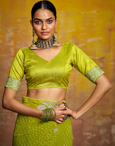 Image of SIRIL Women's Bandhani Printed Georgette Sequence Lace Scalloped Border Saree with Unstitched Blouse Piece