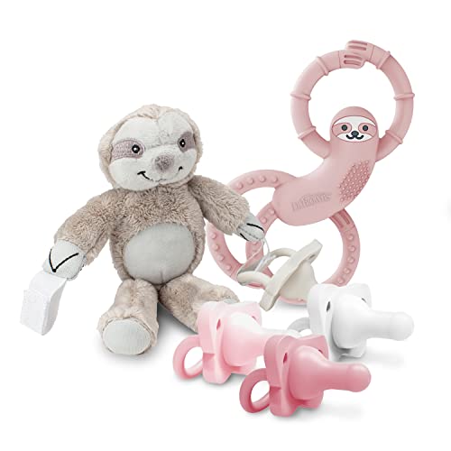 Image of Dr. Brown's HappyPaci 100% Silicone Pacifier, Flexees Beaded Teether Rings, and Lovey Pacifier Holder & Teether Clip, Pink Sloth