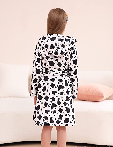 Aideaone Girls Bathrobes Cow Plush Hooded Robe Soft Flannel Sleepwear With Pockets Size 13-14 #TOP5