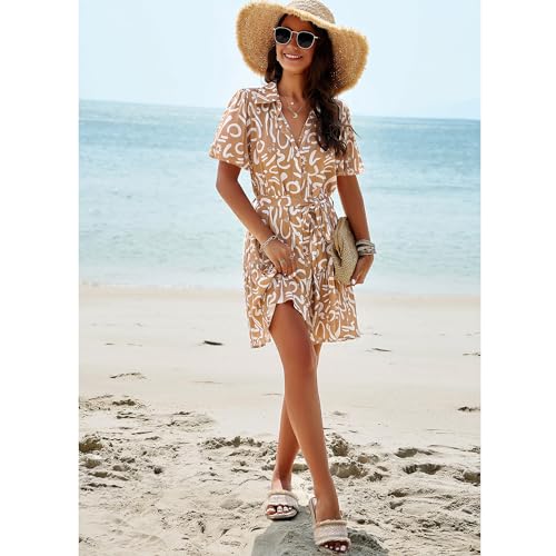 Brovave Women'S Summer Casual Shirt Dress Short Sleeve V Neck Tie Waist Button Down Mini Dress Khaki thumb #4