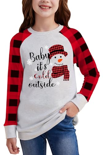 Image of BesserBay Girl's Christmas Buffalo Plaid Raglan Top Funny Holiday Graphic Shirt 4-14 Years