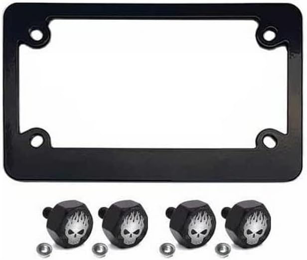 Metal Black Motorcycle License Plate Frame +Tag Fasteners Kit Grey FIRE Skull Style-9856-6879