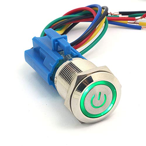 DollaTek 19mm 12V Interruptor momentáneo Botón pulsador Interruptor Símbolo de energía Ojo de ángel LED Luz Botón pulsador de metal con cable de conexión - Verde