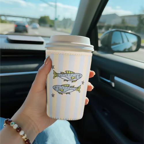 Image of Reusable Insulated Sleeve for Iced Coffee Cup, Coffee Neoprene Sleeve for Cold & Hot Drinks, Beverage Holder for Iced Coffee (Fish Stripes, Medium: 22-24oz)