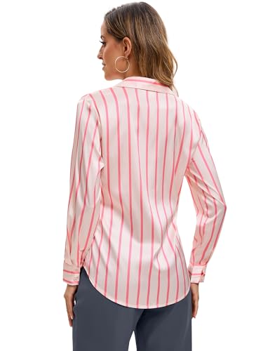 Image of Premium Soft Breathable Stretch Satin Silk Button Down Shirts for Women Long Sleeve Leopard Blouses Work Dress Tops