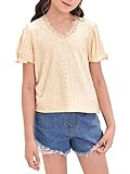 Girls Summer T-Shirt Short Sleeve Lace Trim Tops V Neck Casual Blouse Shirts for 7-8 Years Kids Yell