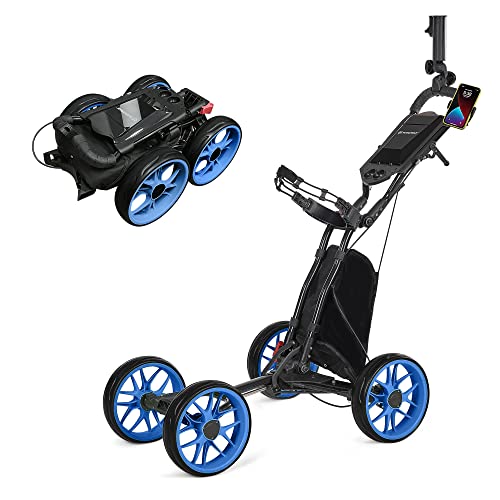 WIN.MAX Golf Push Cart 4 Wheels Folding Blue Golf Pull Cart with Umbrella Holder, Phone Holder, Scoreboard Holder, Golf Cart for Golf Bag, Golf Accessories for Men Women/Kids