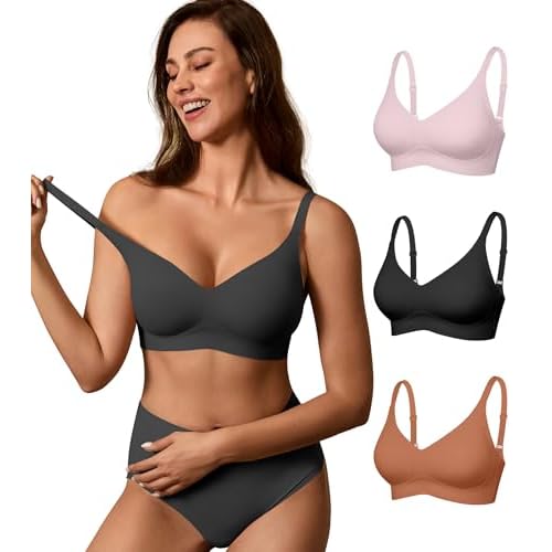DEANGELMON Seamless Bras for Women No Underwire Comfortable Push Up Bra V Neck Wireless Bralette Full Coverage Wire Free Black+pink+coffee Medium