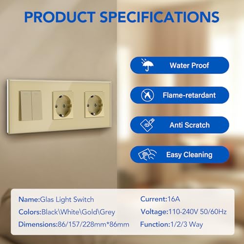 BSSED Lichtschalter Mit Doppelt Steckdose 2 Fach 1 Weg - 10A Kristall Glas Platte Wandschalter Mit 16A Schuko Steckdose Gold - Physische Taste Schalter 228mm