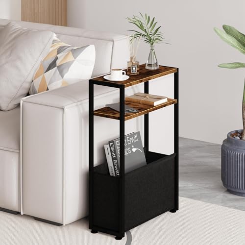 BJYXFU 7" Narrow Side Table, Slim End Tables with Storage Shelf and Fabric Basket, Side Table for Living Room, Bedroom,Small Spaces with Wood Tabletop（Brown）