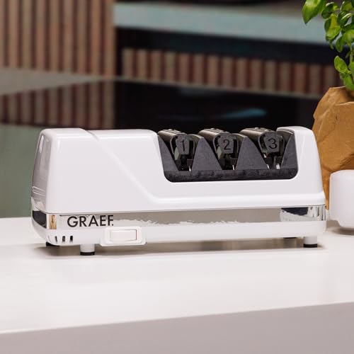 GRAEF. CC120 - Elektrischer Messerschärfer, 3 Stufen, Perfekte Schleifwinkel für 20° Klingen, Diamantbeschichtung, Für Küchen-, Jagd-, Gewerbe-, Wellenschliffmesser, Ultrascharfe Klingen, Weiß