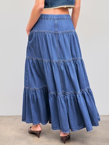 CIDER Women’s Long Jean Denim Tiered Button Down High Waisted Maxi Skirts: Mid Blue, L