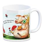 Viel Glück zum 80. Geburtstag Kaffeebecher - Glücksklee, Schwein, Kaminfeger, Glücksbringer, Klee, Marienkäfer und Hufeisen.