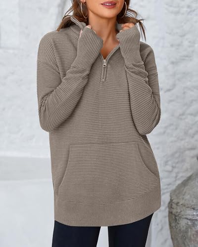 BTFBM Sweaters for Women Fall Clothes 2026 Pocket Quarter Zip Pullover V Neck Long Sleeve Knit Trendy Winter Sweater(Khaki, Medium) — view 4