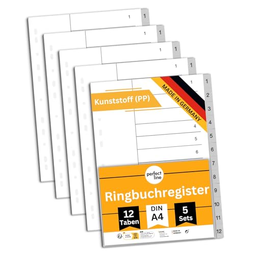 perfect line - Ordner-Register DIN A4 grau - 12-teiliges Trennregister aus Kunststoff (PP), 5er Set - robuste Registerblätter für Ordner & Ringbücher, übersichtliche Organisation, Made in Germany