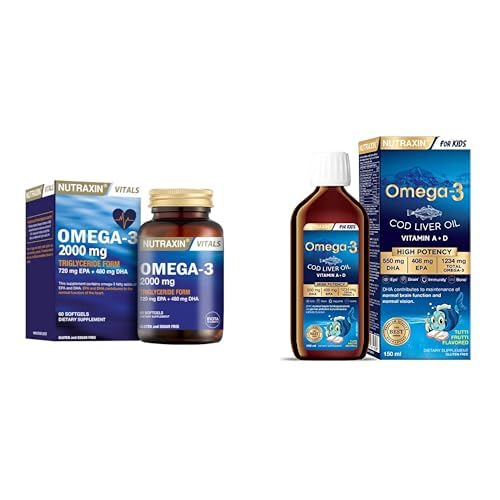 Nutraxin Vitals Omega-3 2000 mg EPA + DHA Balık Yağı içeren Takviye Edici Gıda (1 x 60 kapsül) + Nutraxin Omega-3 for Kids 150 ml