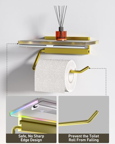Toilet Paper Holder with Shelf and RGB Motion Sensor Light – Wall Mounted Rustproof Bathroom Tissue Holder with USB-C Rechargeable, Hands-Free Night Light for Bathroom Kitchen (Gold, 1 Pack) — view 6