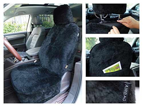 Genuine Sheepskin Lambskin Winter Car Seat Cover Lambs Wool Sheep Skin Fuzzy Seat Cover Shearling Car Accessories Front Bucket With Curve Patten (Black) #TOP2