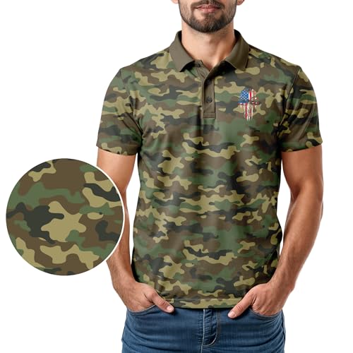Image of Patriotic USA Golf Polo Shirt - Men's Performance Short Sleeve Moisture Quick Dry Fit Athletic Veteran UPF Stretch Casual Fun