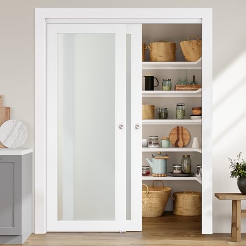 SMARTSTANDARD Closet Sliding Door, 96"(Double 48") x 80", 1-Lite Frosted Glass Sliding Door with Hardware Track Kit & Floor Guide, Finished 4 Panels,