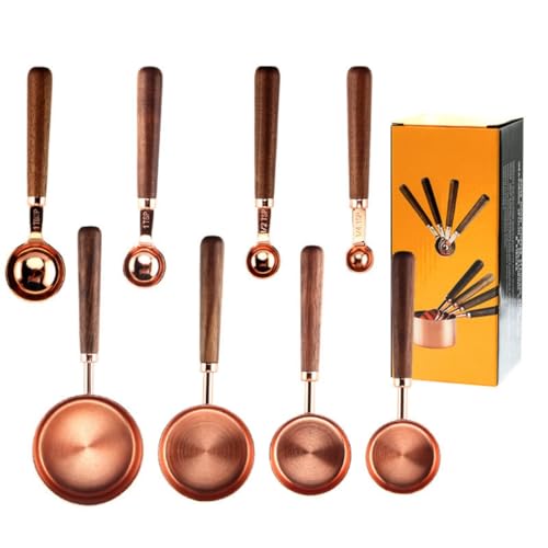 Akasooda 木製 計量カップセット クルミ ハンドル付き 計量スプーン ステンレススチール ローズゴールド 目盛り付きキッチンベーキングツール シーズニングスプーン 銅メッキ コーヒースプーン おしゃれ (カップ4セット+スプーン4セット)