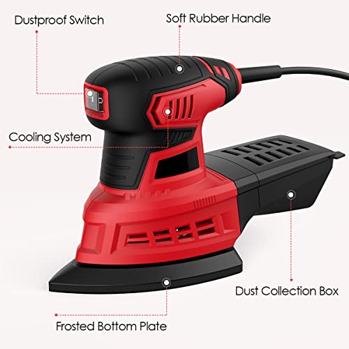 Detail Sander, 200W Electric Hand Sander For Wood, 12500 Rpm Compact Palm Detail Sander Tool With 20 Pcs Sanding Paper, Vacuum Dust Collection Box, For Plywood, Metal, Paint Dry Walls #TOP1