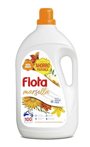 FLOTA | Detergente Líquido Quitamanchas incluso en Agua Fría para Lavadora | Ropa Blanca y de Color | Fragancia Marsella | 100 Lavados | Formato Familiar