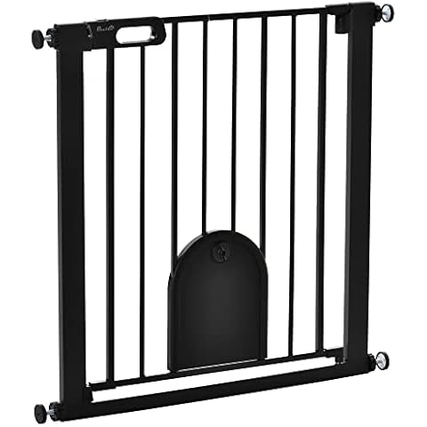 PawHut Dog Gate with Cat Flap Pet Safety Gate Barrier, Stair Pressure Fit, Auto Close, Double Locking, for Doorways, Hallways, 75-82 cm Black Cover