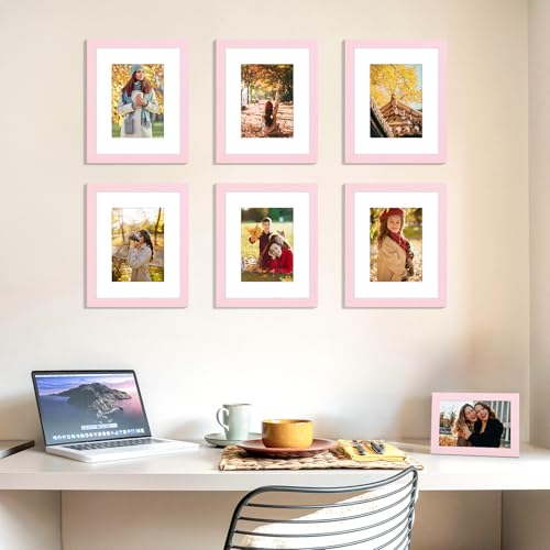 decorUhome 8x10 Picture Frame, Display Photos 5x7 with Mat or 8x10 Unmatted, Engineered Wood Frame with Plexiglass for Wall and Tabletop Display, Pink, Set of 1
