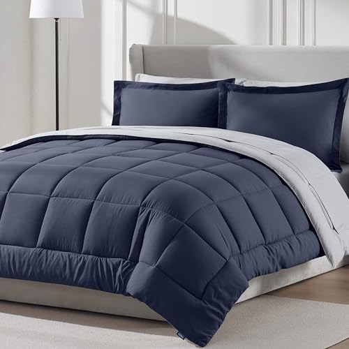 Nestl 7 Piece King Comforter Set – Navy Reversible Bed in a Bag – Complete King Size Bedding Set with Sheets, Pillowcases and Shams