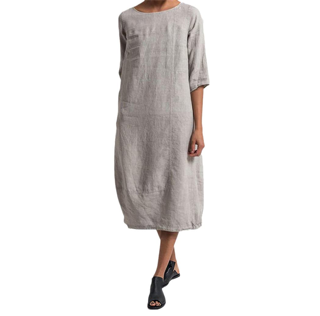 Robe d'été vintage en lin léger anti-chaleur coupe ample grise - 5