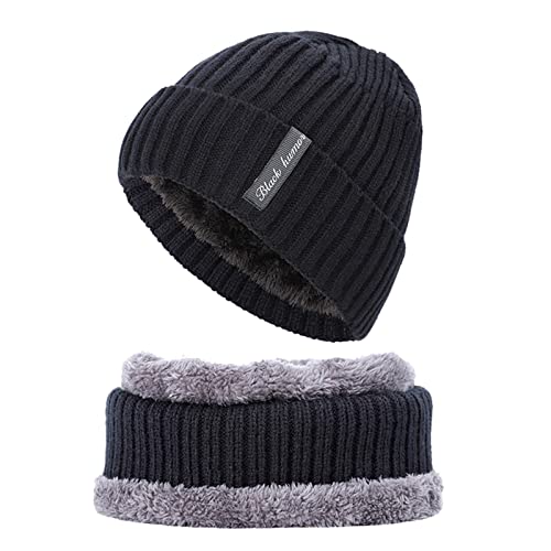 Bcdlily Thermal Winter Beanie Ski Hat Scarf Set Women Men Faux Fur Lined Skullies Caps Neck Warmer (Black) #TOP26