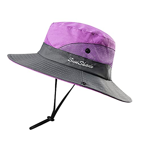 Women's Outdoor Uv-Protection-Foldable Sun-Hats Mesh Wide-Brim Beach Fishing Hat With Ponytail-Hole (Purple) #TOP2