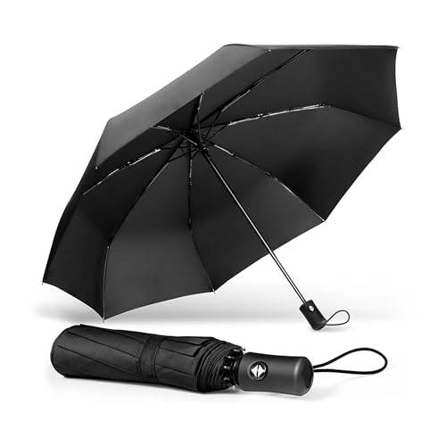 drytogo Paraguas compacto – Apertura y cierre automático – Resistente al viento, impermeable y ligero – Ideal para viajes, con mango antideslizante – Perfecto para hombre y mujer, Negro