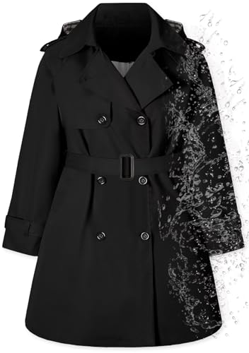 Betusline Girl's Rain Jackets Double Breasted Belted Waterproof Hooded Trench Coat Windbreaker Raincoats for Girls,Waterproof-2# Black,11-12 Years =...