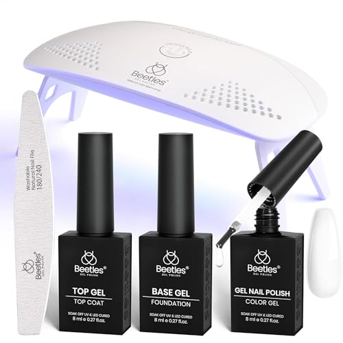 Image of Beetles White Gel Nail Kit with U V Light, 5 Pcs Gel Polish Kit with Base & Top Coat and Nail File for Beginners White DIY Salon Soak Off Manicure Home Women Gifts