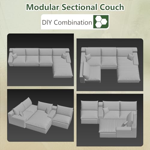 Image of 136 inch Cloud Couch Modular Sectional Sofa for Living Room, L-Shape Boneless Couch with Deep Seat, Modern Corduroy 4-Seater, No Assembly Required (Green,Right-Facing Chaise)
