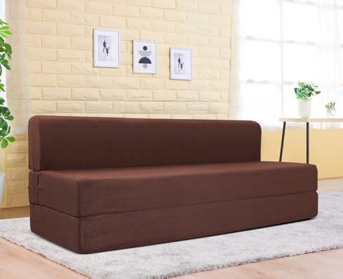 uberlyfe 3 Seater 6x6.5 Feet Extra Long Foldable Sofa Cum Bed | Sleeps 3 People | King Mattress | 15-Inch Sofa Height | Breathable Malt Brown Jute Fabric | 1 Year Warranty