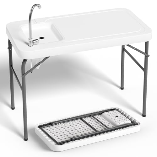 Ortus Collective Outdoor Fish Cleaning Table with Sink HDPE UV-Resistant Hose Hookup for Camping & Backyard
