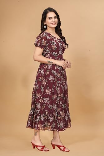 Image of Women's Georgette Dresses Floral Printed One Piece Stylish Long Maxi Western Frock Midi Dress for Women (Puffed Sleeves)