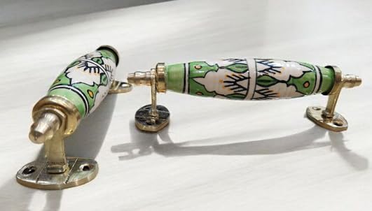 JGARTS Set of 2 Cabinet Pulls Ceramic Door Knobs Painted Kitchen Cabinet Drawer Wardrobe Pull Handles Porcelain Pattern Green and White Design 02