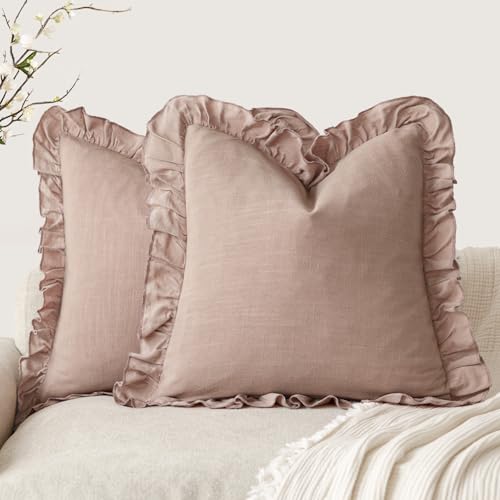 Image of Foindtower Set of 2 Decorative Linen Fringe Ruffle Throw Pillow Covers Soft Boho Farmhouse Cushion Cover Cozy Accent Retro Pillowcase for Couch Sofa Bed Living Room Home Decor,18x18 Inch,Coral Pink