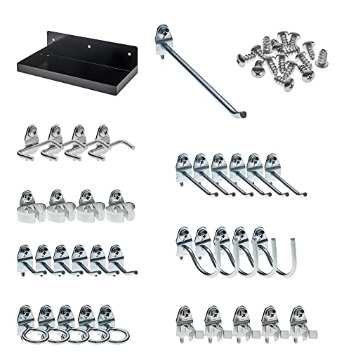 12 In. W x 6 In.Black Epoxy Coated Locking Steel Pegboard Shelf with 36 pc. DuraHook locking pegboard hook assortment