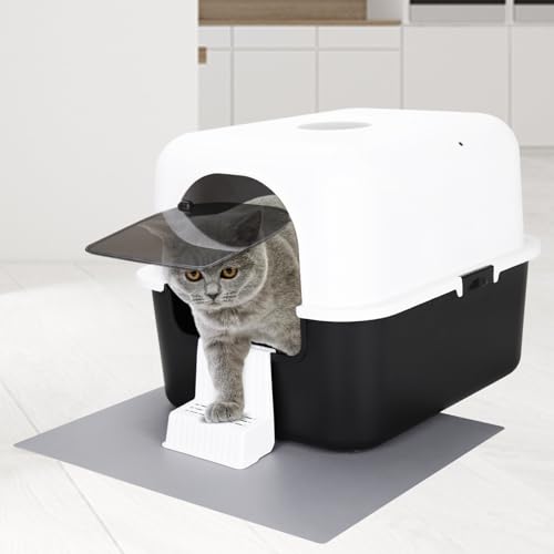 Sfozstra Cat Litter Box with Lid, Fully Enclosed Splash-Proof Litter Box,Top Entry Cat Litter Box, Easy to Assemble and Installation (Black with Handle, Large)