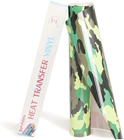 Bonnyhtv Heat Transfer Vinyl 12in x 5ft, Camo Green HTV Iron on Vinyl for Cricut & Cameo, DIY Heat Press Design for T-Shirt