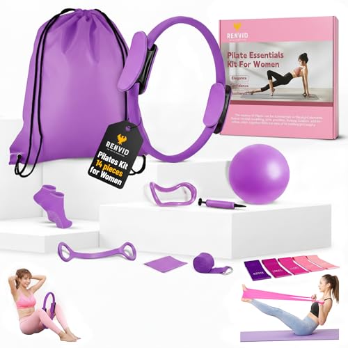 RENVID at Home Pilates Kit, Complete Pilates Essentials Kit for Women, All-in-One Pilates Set for Strength, Flexibility & Fitness (Purple)